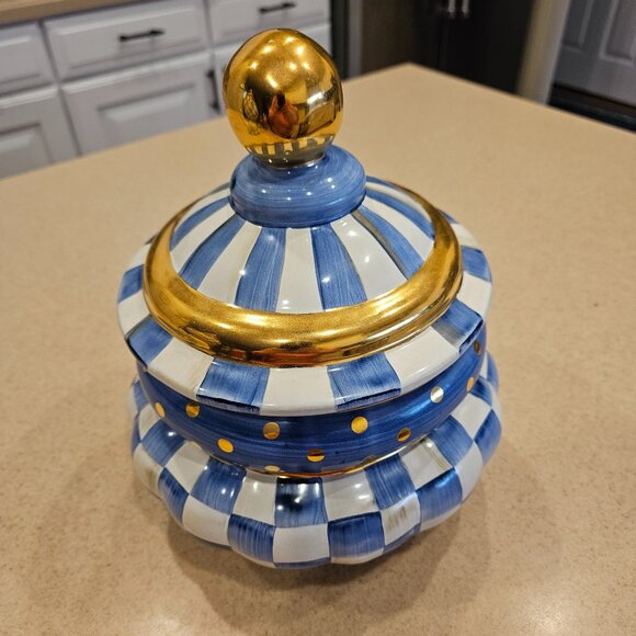RARE MACKENZIE CHILDS BLUE ROYAL CHECK AURORA CERAMIC GROOVY CANISTER JAR DISH